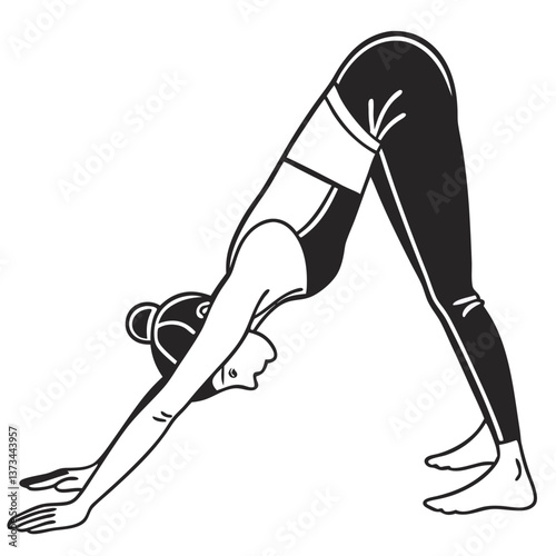 Woman practicing yoga in downward dog pose on a plain background  