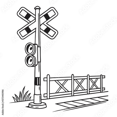 Railroad crossing illustration with signal and gate in black and white  