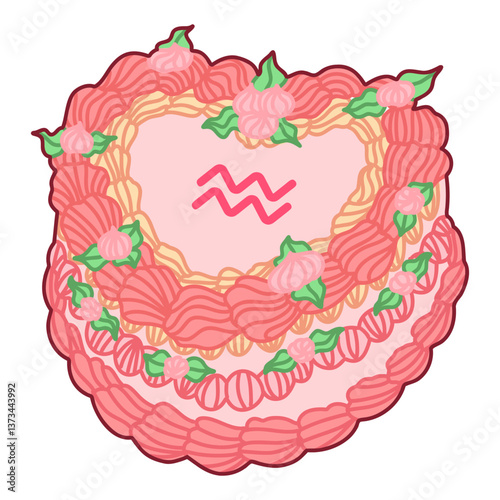 Decorative Pink Cake Featuring Aquarius Zodiac Symbol and Floral Accents in Pastel Shades