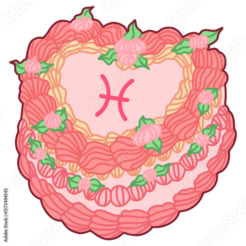 Zodiac Pisces-Themed Heart-Shaped Cake Decorated with Pink Fluffy Piping