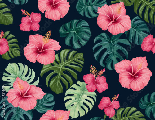 A modern tropical floral pattern with bold hibiscus and monstera leaves, designed in a vibrant color palette of pinks and greens, set against a deep navy background.