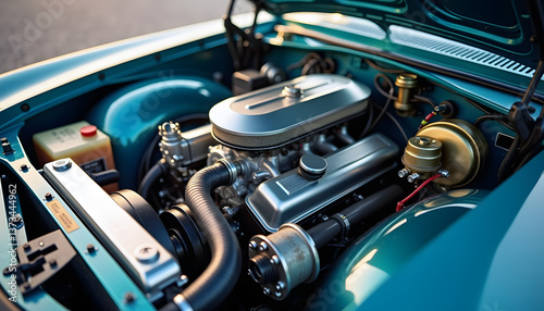 Classic car engine detail showcasing craftsmanship and design  