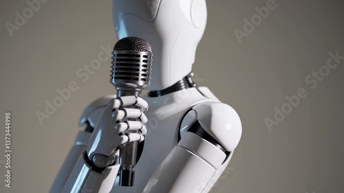 Robotic elegance: ai robot holding vintage microphone in expressive gesture series