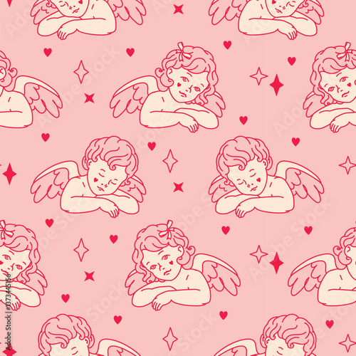 Heaven and Romantic aesthetic. Dreamy seamless pink tone background with baby angels sleeping on clouds. Tender print for baby designs, vintage nursery decor, flirty girly projects