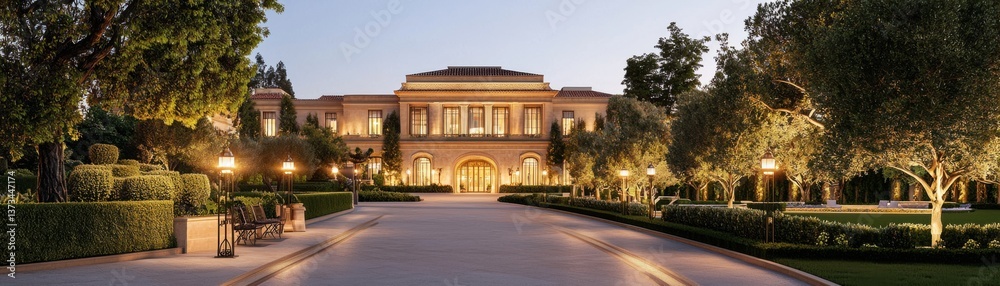 Fototapeta premium Stunning landscape featuring an elegant mansion surrounded by manicured gardens.