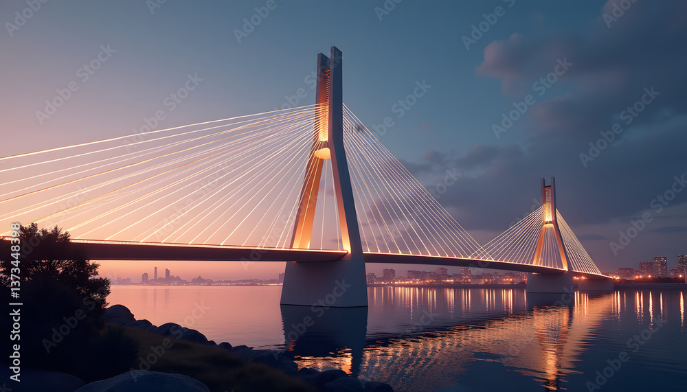 Obraz premium Modern suspension bridge illuminated at dusk over calm waters 