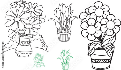 flower coloring page, floral line art, black and white flowers, flower vase drawing, tulip line art, daisy coloring sheet, flower pot illustration, botanical line drawing, hand-drawn flowers, floral v