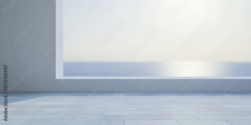 Scenic view of ocean through large window in minimalist interior space Scenic view of ocean through large window in minimalist interior space