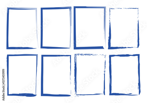 Set of blue grunge frames on a white background. Vector set of graphic frames for decor in retro style. Frame, border, exhibition, visualization, design, web design, blots, handmade, template, ect.