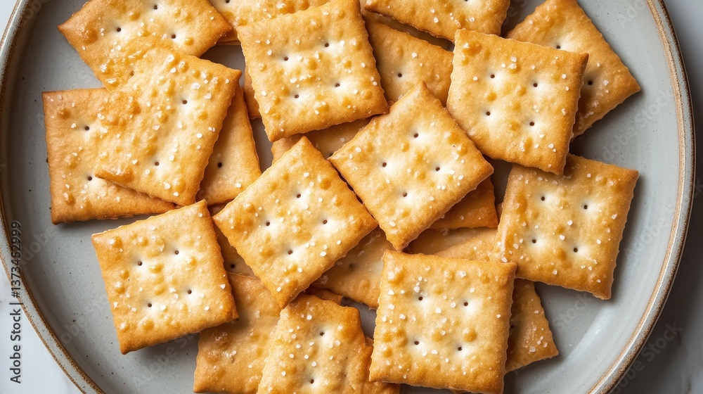 Golden crackers with delicate speckles rest on a simple gray plate. A cozy, rustic snack