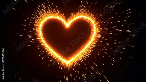 Burning Heart: A radiant heart formed by sparks illuminates a dark background, symbolizing passion and love, creating a captivating spectacle of fire and emotion.