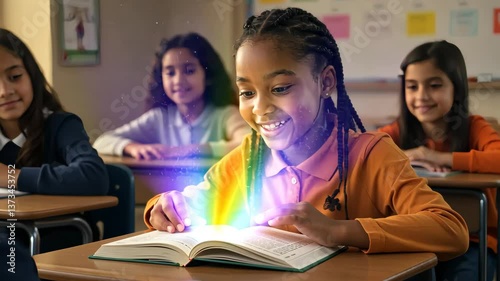 Enchanting Discovery: A young girl, her face lit with wonder, discovers the magic held within a book as a vibrant rainbow of light erupts from its pages, sparking curiosity and imagination.