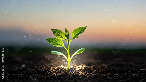 Seedling's Dawn: A delicate seedling emerges from fertile soil, bathed in the soft glow of sunrise, symbolizing growth, renewal, and the promise of a new day.