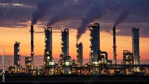 Industrial Dawn: An industrial complex, bathed in the soft light of dawn. Tall smokestacks release plumes of steam against the dusky sky, suggesting ongoing operations and the scale of industry.