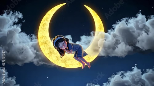 Dreamy Serenity: A girl gently resting on a luminous crescent moon, enveloped by fluffy clouds in a surreal and magical nighttime sky.
