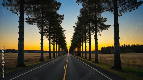 Road to Horizon: Capture the perfect moment of a road vanishing into a scenic horizon, with trees aligned on each side under the setting sun. The image evokes a sense of freedom.