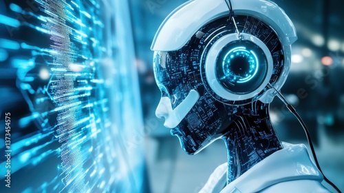 AI scientist developing speech to text systems for real time transcription, tech office with speech analysis software and transcription tools, AI style