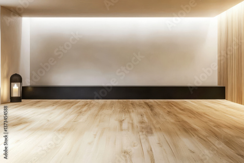 Empty indoor space with wooden flooring and minimalistic design in soft lighting
