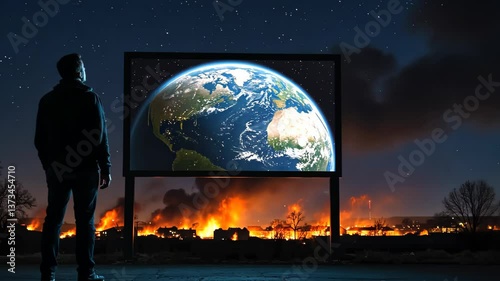 Contemplating Earth's Fate: A solitary figure gazes at a vivid depiction of planet earth, contrasting against a backdrop of environmental destruction.