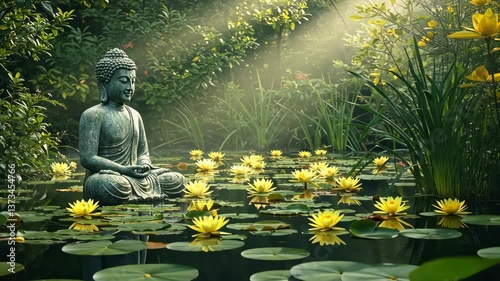 Serene Contemplation: A serene image of Buddha meditating peacefully amidst a tranquil pond filled with vibrant water lilies, evoking a sense of calm and spiritual enlightenment.