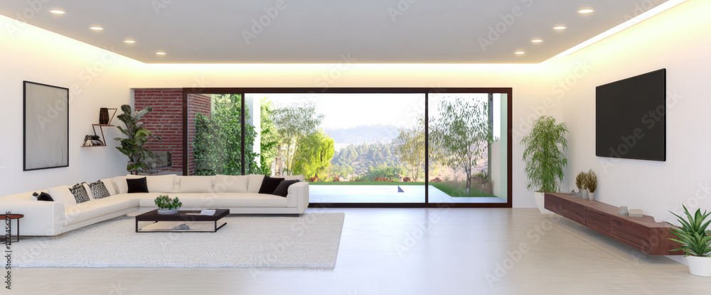 Fototapeta premium Modern living room with panoramic view of garden and mountains in bright daylight