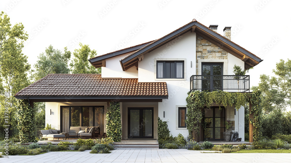 modern house with tiled roof and lush greenery surrounds it modern house with tiled roof and lush greenery surrounds it