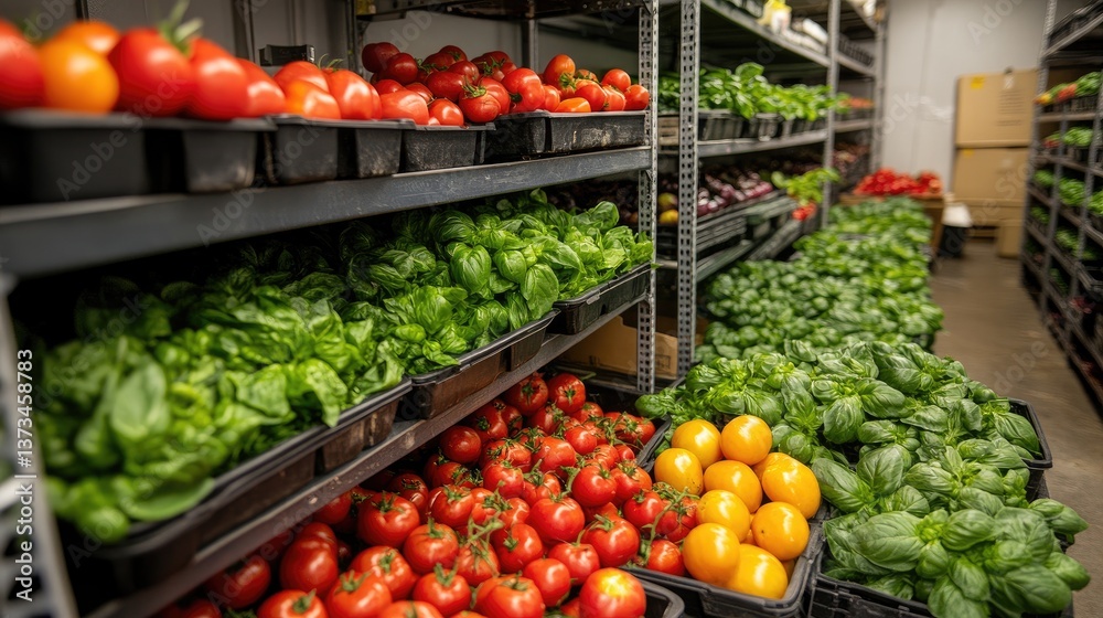 Shelves filled with fresh produce tomatoes, basil, and other greens arranged neatly Shelves filled with fresh produce tomatoes, basil, and other greens arranged neatly