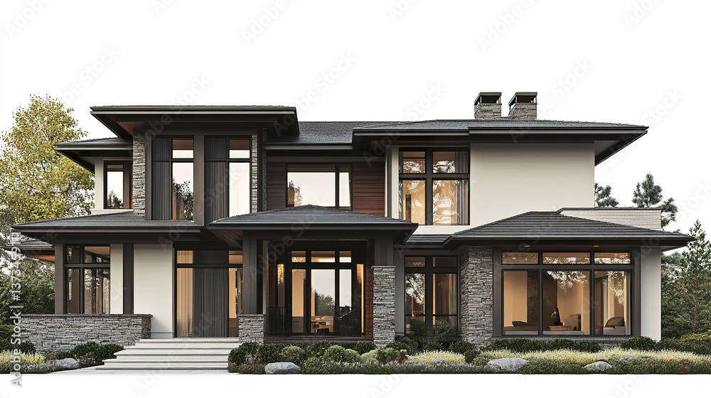 Modern two story house with large windows and stone accents