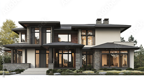 Modern two story house with large windows and stone accents