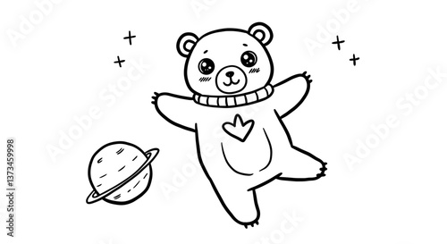 Cute bear floating in space with a planet background  