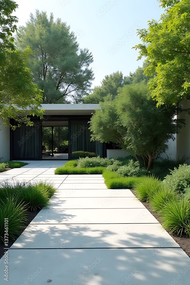 Fototapeta premium Contemporary garden design with minimalist landscaping, balanced greenery