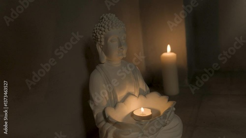 A close-up of a white ceramic Buddha statue with a burning candle on its feet. A special place for meditation in a room with dimmed lights.