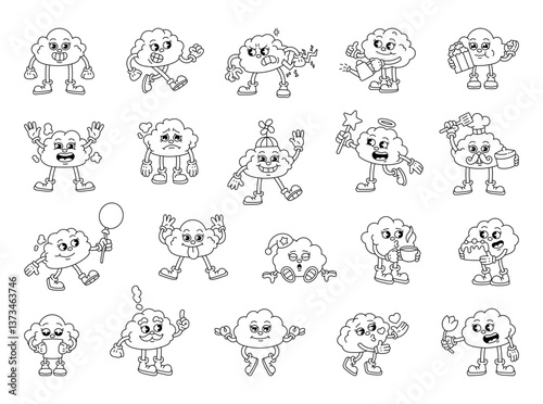 Set of adorable cloud characters in different poses and emotions with fun props like cake, balloons, heart, letter, hat, and popcorn for yours illustration and creative designs projects
