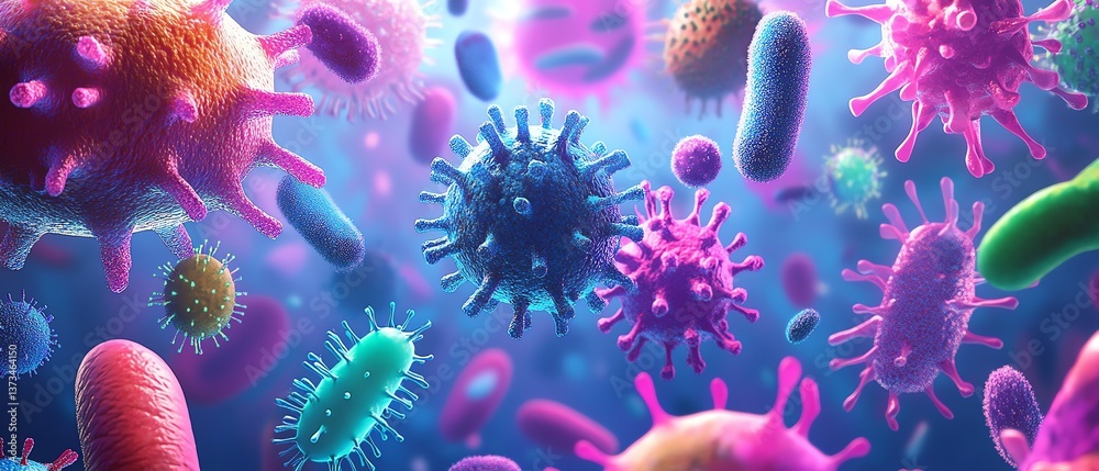 Fototapeta premium Cute cartoonstyle collection of diverse bacteria, each microbe with unique features, vibrant colors, fun and educational, set of microbes, 8K render