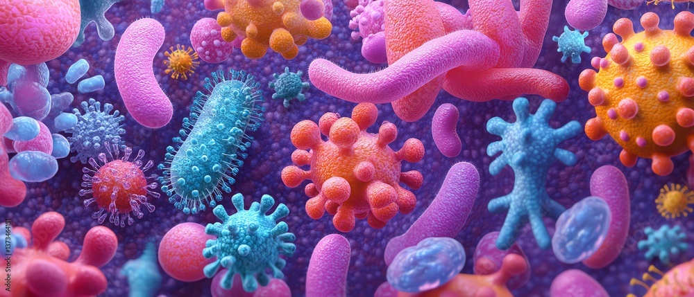Fototapeta premium Cute cartoonstyle collection of diverse bacteria, each microbe with unique features, vibrant colors, fun and educational, set of microbes, 8K render