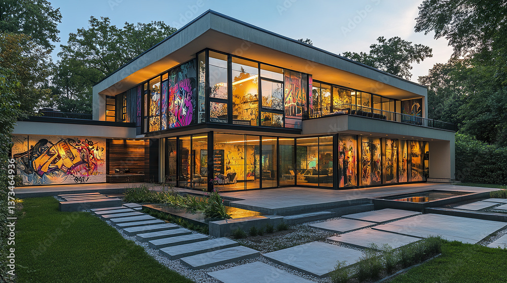 Modern house with vibrant graffiti art on walls at dusk