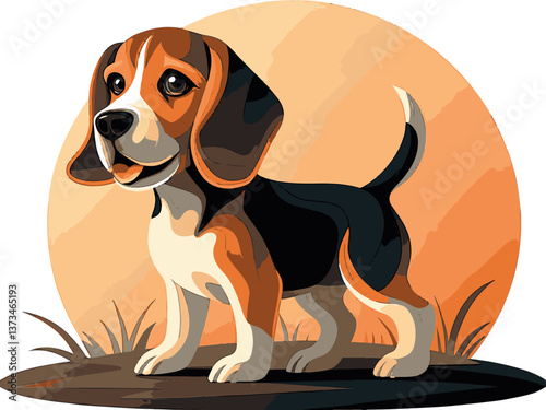 Various animals in EPS and vector formats. Playful Beagle Dog Standing Proudly on Grass with Sunset Background