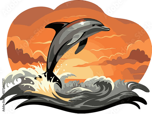 Various animals in EPS and vector formats. Dolphin Leaping Against Sunset Sky with Waves and Cloud Patterns
