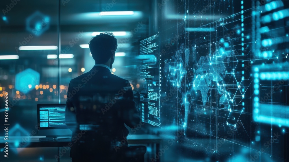 Blockchain architect designing decentralized voting systems for secure elections, office with blockchain interfaces and election data, Blockchain Voting style Blockchain architect designing decentralized voting systems for secure elections, office with blockchain interfaces and election data, Blockchain Voting style