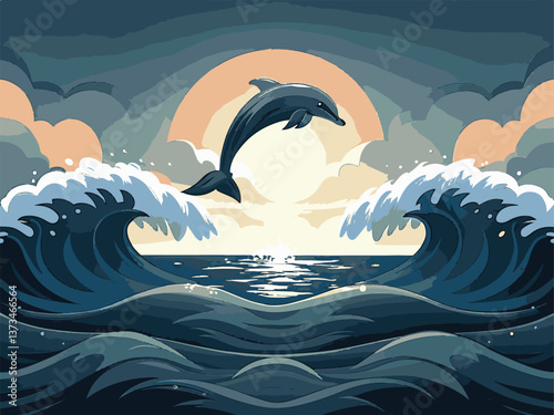 Various animals in EPS and vector formats. Dolphin Jumping Over Ocean Waves in Vibrant Retro Style Illustration