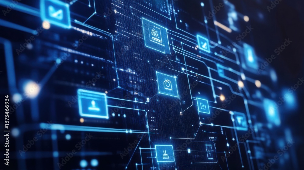 Blockchain architect designing decentralized voting systems for secure elections, office with blockchain software and election data, Blockchain Democracy style