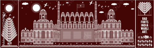 Red fort india delhi  monuments of india vector illustration,wali style art, Warli painting, warli art  Warli painting sun, birds flying, Farming, cloud, and people, Tribal art wall painting