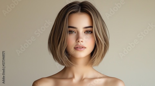 Young woman with a sleek blonde blunt bob haircut, facing front, no flyaways, smiling with visible upper teeth, slightly rounded chin, minimal makeup, natural skin texture with visible pores, 