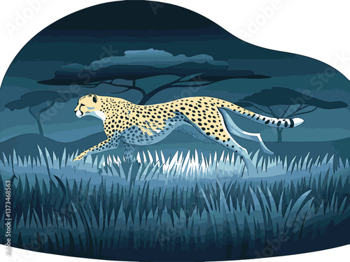 Various animals in EPS and vector formats. Cheetah Running Gracefully Across the African Savanna in Moonlight