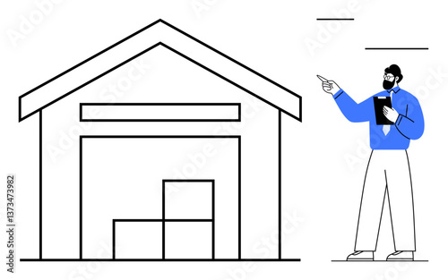 Warehouse structure storing boxes, supervisor pointing and holding clipboard. Ideal for logistics, inventory, delivery, supply chain, storage, management business. Flat simple metaphor