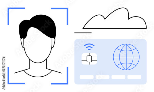 Face scanning within biometric frame, smart card with chip and globe icon, cloud symbol. Ideal for cybersecurity, identity, digital access, authentication, cloud services, data protection flat