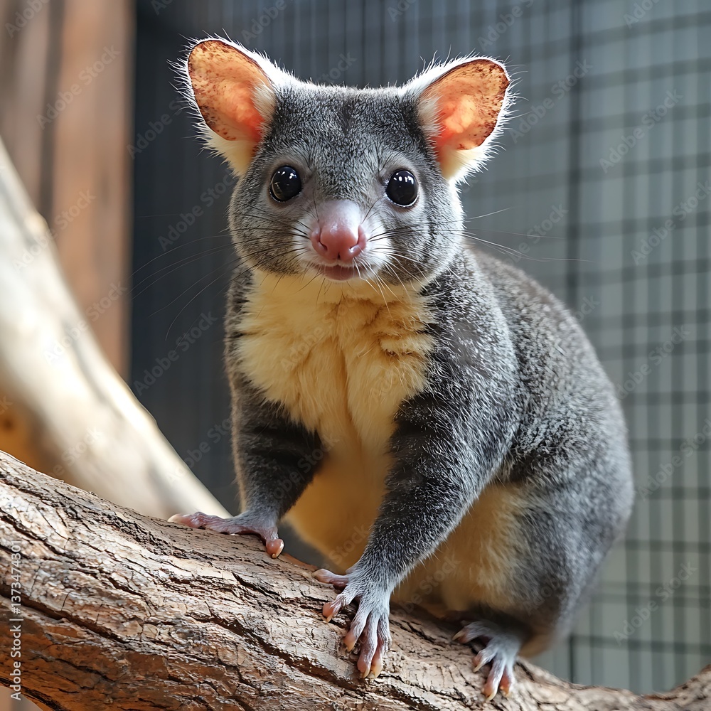 Obraz premium Cute Possum on Branch in Enclosure