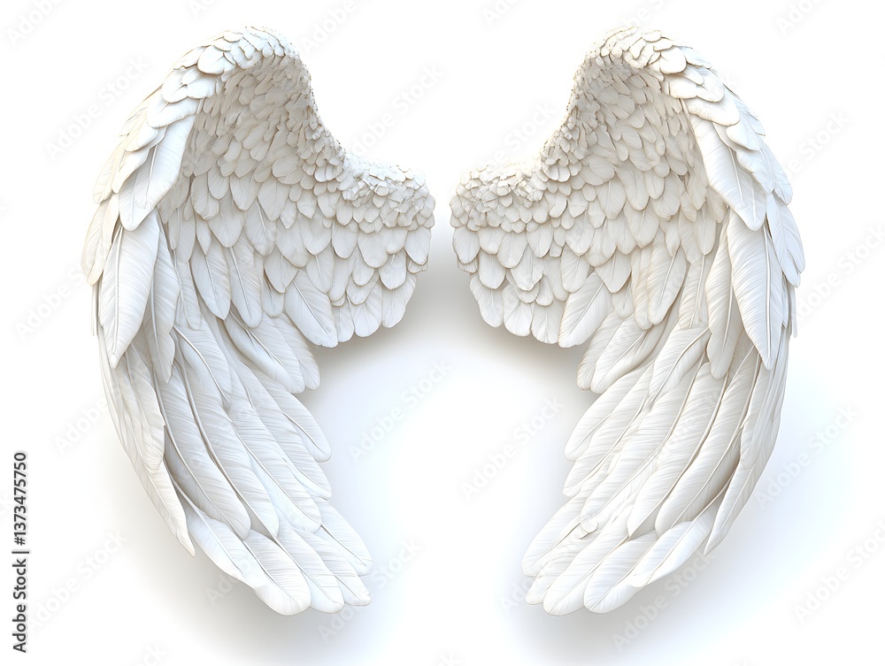 Obraz premium A pair of pristine white angel wings with detailed feather textures are presented against a plain white background.