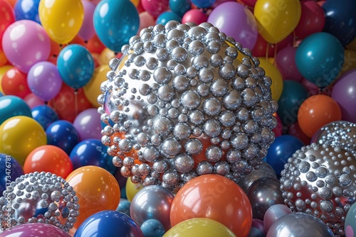 Colorful 3D Abstract Art Featuring Shimmering Silver Orbs and Festive Balloon Background for Celebrations