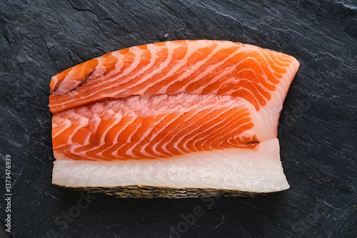 A filet of meagre cut like sashimi on slate background